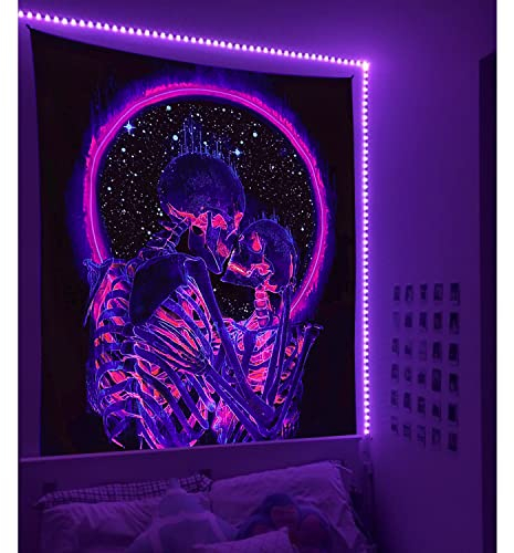 Simpkeely Schwarzlicht Totenkopf-Wandteppich, Psychedelische Schädel Tapisserie, UV-Reaktiv Skelett Wandbehang Hippie-Schlafzimmer-Dekor für Schlafsaal Raumdekoration - 150cm x 200cm