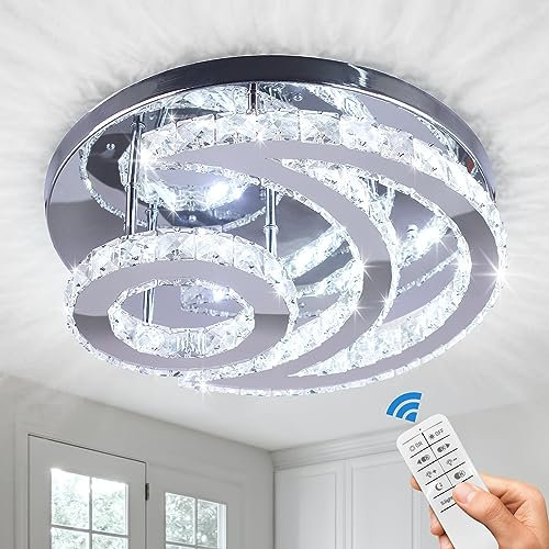 CXGLEAMING 15.7 Modern Crystal Chandelier Dimmable LED Ceiling Light Fittings Flush Mount Pendant Lighting Fixture for Dining Room Bathroom Bedroom Living Room(Remote Control)