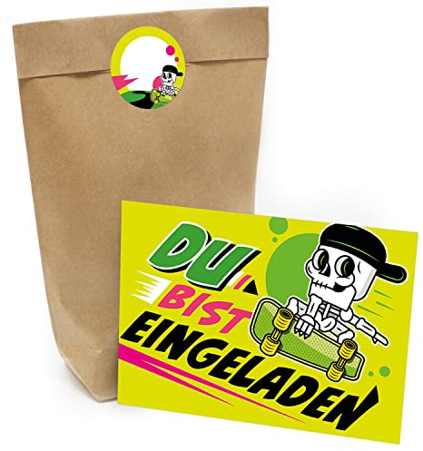 Kindergeburtstag Einladung Set mit je 8 Einladungskarten, Umschlägen, Tüten und Aufkleber - Cooles Skateboard Skelett Totenkopf