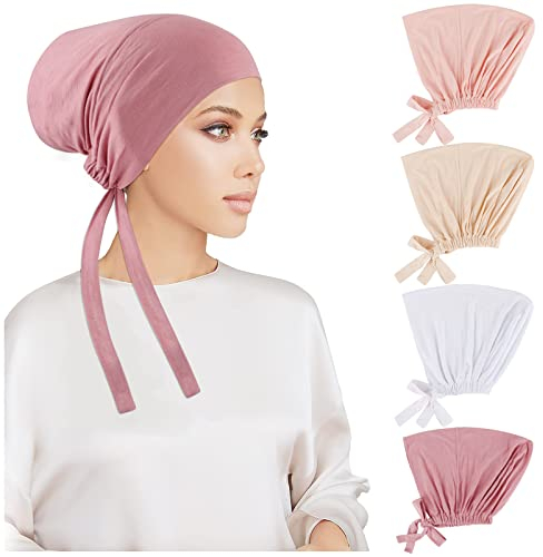 PHOGARY 4 Stück Frauen Undercap Hijab, Islamische Muslimische Unterschal Hijabcap mit Tie Back Closure Solid Color Unter Schal Hijab Mütze Turban Kopfbedeckung Chemo Kopftuch Schlafmütze (B)