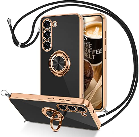 DUEDUE Hülle für Samsung S23 mit Band, Handyhülle mit Band 360 Grad Ring Stoßfeste Schutzhülle Soft Silikon TPU für Hülle Samsung Galaxy S23 Mit Ring 6.1'' Schwarz