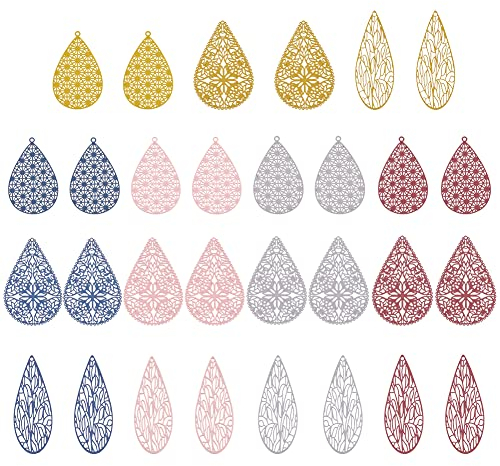 BENECREAT 30pcs 15 Styles Filigrane Larme Goutte Boucle d'oreille en Acier Inoxydable Faisant des Pendentifs à Breloques avec Trou 1.4mm, Embellissements en Métal Gravé Peints à la Bombe