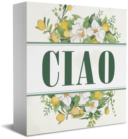 Ciao Sign Italian Hello Welcome Sign Desk Decor Wooden Box Sign Watercolor Hand Drawn Flower Rustic Wood Block Plaque Box Sign for Home Farmhouse Office Kitchen Bathroom Shelf Table Decoration
