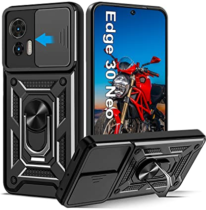 Hülle für Motorola Edge 30 Neo, Kameraschutz mit Slide Camera, Rüstung Schutzhülle mit 360 Grad Ring, Metall Halter Magnet Ständer, Silikon Stoßfest Handyhülle für Motorola Edge 30 Neo, Schwarz