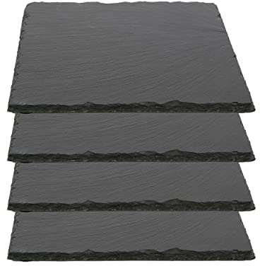 Plato Llano de Pizarra Natural, Fuentes de Cocina, Platos para Sushi, Plato de Pizarra, Bandejas para Servir Alimentos Quesos, Tapas Sushi, Negro, Tablas de Piedra 25 x 25 x 0,8 cm - 4 Unidades