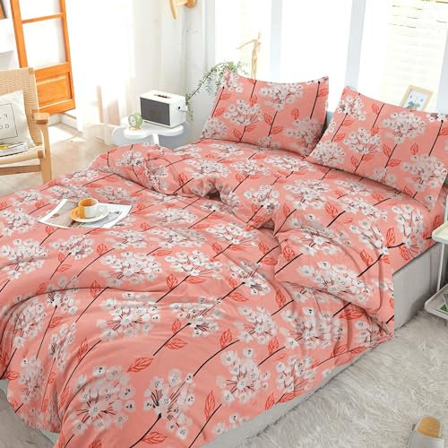 Cotton Comfort Bedding & Linen 3PCS King Size Duvet Cover Set 100% Egyptian Cotton Bedding King Size Bed Set 400 Thread Count Floral Printed Lily Peach Duvet Cover King with Pillow Cases 2 Pack