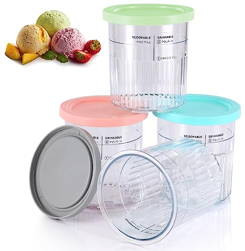 PCTTOIL Paquete de 4 pintas de helado y tapas compatibles con máquinas de helado Ninja Creami Deluxe NC500 NC501EU, sin BPA, apto para lavavajillas, tapas de color (morado/verde/rosa/azul)