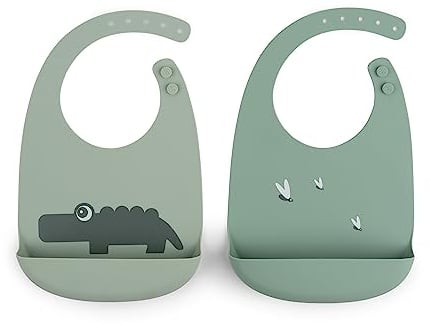 Done by Deer Silikon Lätzchen 2 Pack Croco Grün - Weiche wasserdichte Baby Bibs mit praktische auffangschale und im Nacken verstellbar - 100% Silikon in Lebensmittelqualität