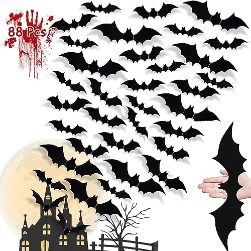 88 Stück Fledermaus Wandaufkleber,3D Fledermaus Aufkleber,Halloween Wand Fledermäuse,3D Fledermäuse Deko Wandaufkleber,Halloween Fledermaus Deko,Wasserdichtes PVC Fledermaus,Halloween Party Dekoration