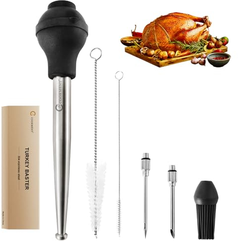 JY COOKMENT Stainless Steel Turkey Baster Baster Syringe for Cooking Meat Injector Set with 2 Marinade Needles 1 Basting Brush1 Cleaning Brush for Home Baking Kitchen Tool,2023 UPDATE
