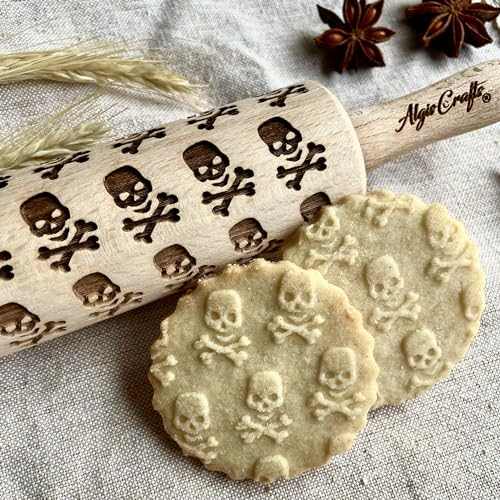 Rouleau à pâtisserie CRÂNES et OS pour les enfants. Rouleau à pâtisserie avec biscuits tête de mort. Pour décorer les biscuits d'Halloween. Rouleau à pâtisserie gravé avec motif, par Algis Crafts