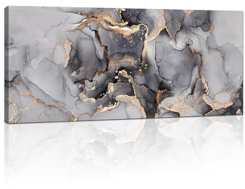 Mit Rahmen Großes Leinwandbilder Bilder Marmor Grau Gold bild auf leinwand Wandkunst Minimalistisch Modern Wandbilder XXL Kunstdruck Deko für Wohnzimmer Schlafzimmer fertig zum Aufhängen 120x50cm