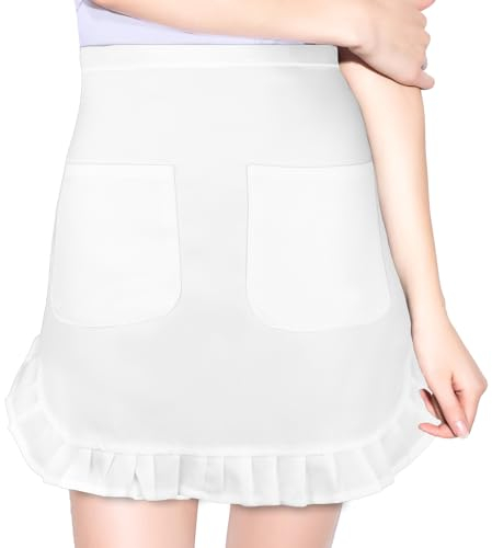 Giantree Delantal de cintura para mujer con 2 bolsillos, color blanco, medio delantal para camarera, sirviente, cocina, cocina, restaurante, bistró, cafetería, blanco, 34cm x 34cm (apron), 90cm (strap