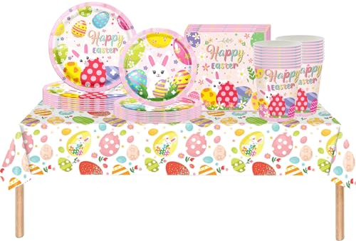 COSORO 69Pcs Easter Party Tableware Plastic Easter Table Cloth Cover,Paper Plates,Napkins and Cups for Easter Party Table Decorations,Pink Bunny Egg Dinnerware Set for Easter Party Supplies
