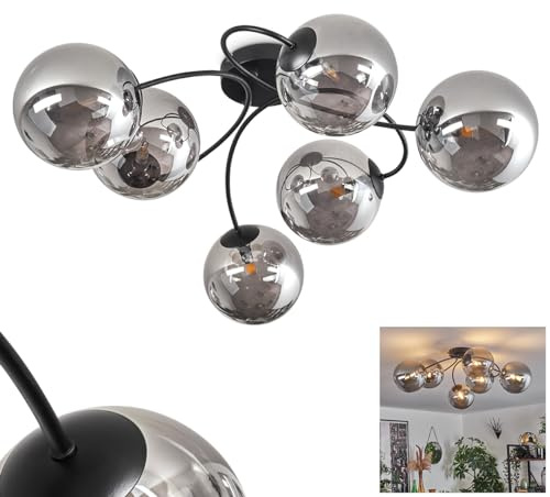 HOFSTEIN Deckenleuchte Chehalis, 6-flammige Deckenlampe aus Metall/Glas in Schwarz/Rauchfarben, moderne Leuchte im Retro/Vintage-Design, Ø Schirme 15 cm, G9, Esszimmer, Schlafzimmer, Wohnzimmer, Küche