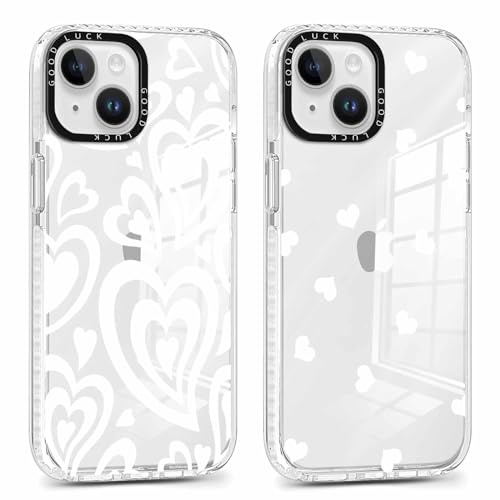 Xylota 2 Stück Transparent Handyhülle für iPhone 14 Plus 6,7 Hülle, Durchsichtig Aesthetic Liebesherz Muster Case, Weich Silikon Dünn TPU Stoßfeste Kratzfest Schutzhülle Frauen Mädchen Mode Cover