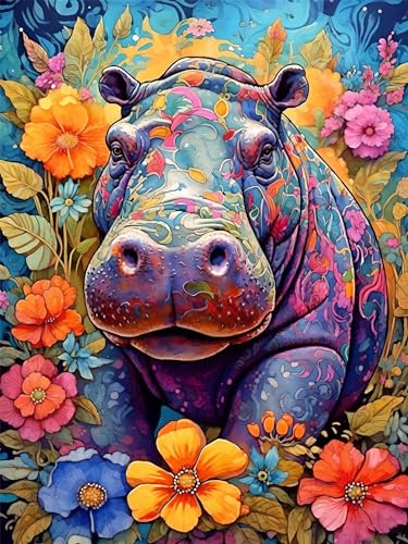 40x53cm Diamond Painting Nilpferd Diamant Painting Bilder Blume Farbe 5D Diamond Painting Erwachsene Full Diamant Malerei Stickerei Set Kreuzstich Bilder für Home Wanddekor Geschenke Weihnachten B-6
