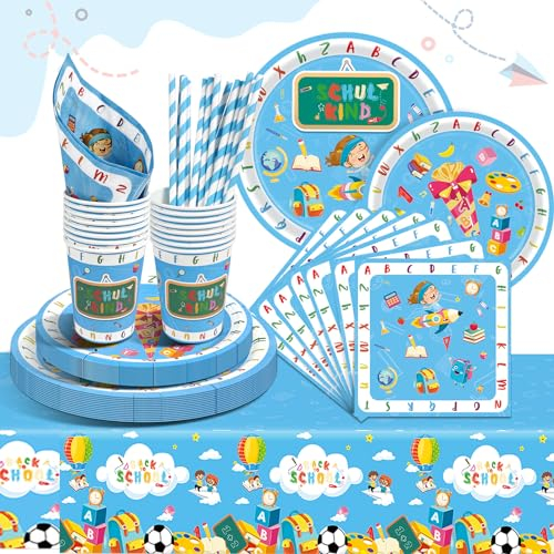 HLEIUKT Einschulung Partygeschirr Set, 101Stück Schulanfang Pappgeschirr Set, Einschulung Party Geschirrset mit Pappteller Blau Pappteller Rund Pappbecher Becher Servietten und Tischdecke(20 Gäste)