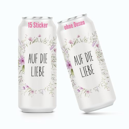 heaven+paper Prosecco Dosen Aufkleber JGA Wildblumen Auf die Liebe Deko jga Accessories & Hochzeit Deko außergewöhnlich (15x Set) für alle üblichen Sektdosen - Prosecco Dosen Sticker selbstklebend