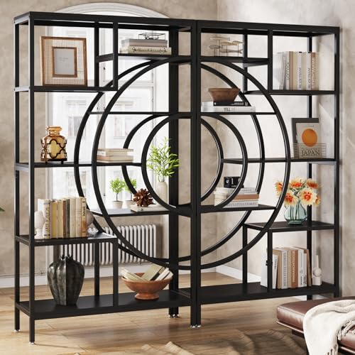 Tribesigns 179cm Geometrisches Bücherregal, Industrielles 8-stöckiges Bücherregale, Rustikales Bücherschrank mit Metallrahmen, hohes freistehendes offenes Lagerregal für Wohnzimmer (Schwarz, 2pc)