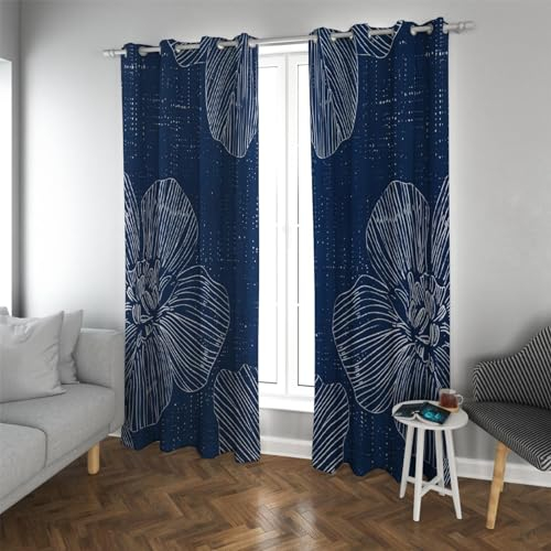 TOANGWALL Verdunkelungsvorhänge für Wohnzimmer Schlafzimmer Dekor Blau Minimalistische abstrakte Linien mit floralen Mustern Kellerfenster Vorhänge 2 Paneele B132xH245cm