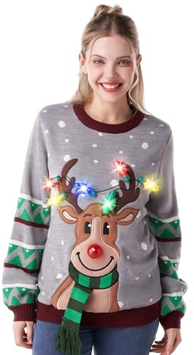 JOYIN Damen-Weihnachtspullover mit LED-Beleuchtung, hässlicher Rentier-Weihnachtspullover, integrierte Glühbirnen, hässlicher Weihnachtspullover (grau, mittel)