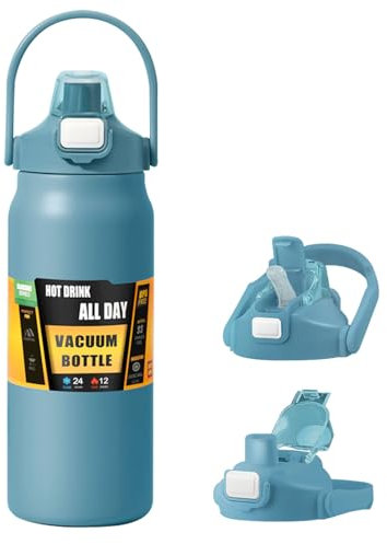 Borraccia termica da 1,5 l, con cannuccia e manico, in acciaio inox, a doppia parete, con isolamento sottovuoto, mantiene il freddo e la borsa dell'acqua calda per sport, palestra, arrampicata (blu)