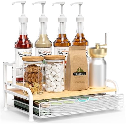 Kaffee Sirup Regal Organizer mit 8 Flaschen, 3-Stöckiges Kaffee Sirup Ständer mit Schubladen für 35 Kaffeekapseln, Kaffee Halter für Sirup, Wein, Gewürz, Tee, Kaffee Bar Zubehör für Küche, Café- Weiß
