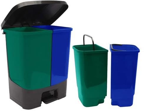 Arvik.End Double Rubbish Bin, 37L Dual Compartment Soft-Close Rectangular Trash Can with Foot Pedal Plastic Twin Bin Recycling Kitchen Waste Separation Bin with Removable Inner Bucket (Green & Blue)