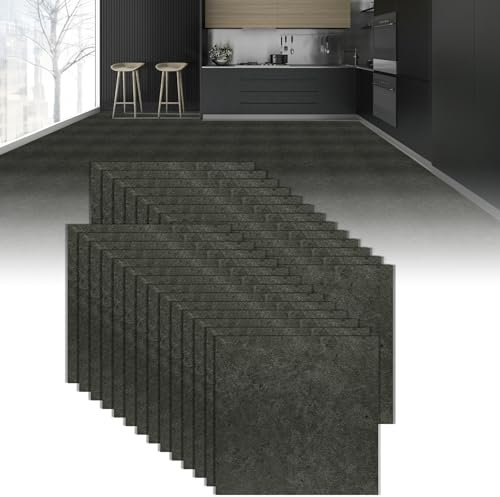 XMTECH PVC Quadrat Bodenbelag Selbstklebend Vinylboden, DIY Bodenaufkleber Wasserdicht, für Küche Wohnzimmer Badezimmer Garage, 30 x 30 cm, Dicke: 1,5 mm, 54 Stücke - 5.02 m², Dunkelgrau