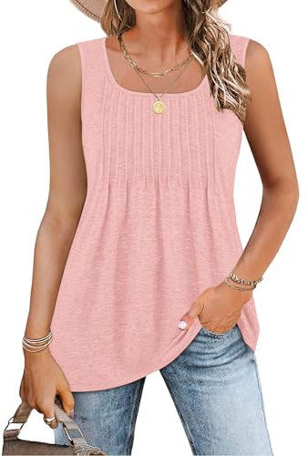 WNEEDU Débardeurs d'été Femme Col Carré Chic et élégant Chemise sans Manches Sexy Tank Tops Tunique Femme Grande Taille Rose Clair XL