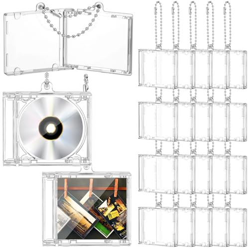 Misdary 20 Pack Mini Clear Plastic CD Keychains DVD Cover Bulk Blank Key Ring Mini Compact Disc Holder Custom for Backpack Hanging Gifts