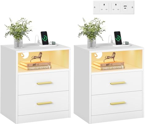 VASAGLE Collection - Bedside Table with Charging Station, LED Lights, Modern Side End Table with Drawers, Open Shelf, 2 AC Outlets USB Ports, Matte White CUSTOS LET829WB02