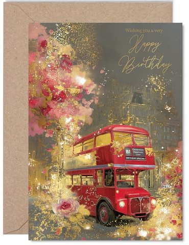Goldene Familien-Geburtstagskarte – Londoner roter Bus – Happy Birthday Karte für Familie von Kollegen Freunden, 12,7 x 17,8 cm, goldene, luxuriöse klassische Stadtbild-Bday-Grußkarten