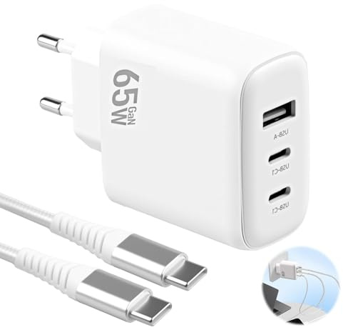 USB C Ladegerät 65W 3Port USB Schnellladegerät mit 1m Kabel USB A und Typ C Charger PPS Schnellladegerät Kompatibel mit iPhone 16/15/Pro Max sam-sung S24Ultra/S23 i-pad Pro/Air Pixel 9/8 Laptop Tablet