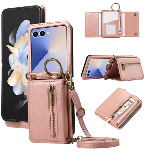 ESONG handykette Wallet Schutzhülle für Samsung Galaxy Z FLIP 6/FLIP 7 FE, Geldbörse Leder Stoßfest frauen Ring Case Cover mit kordel band, Kartenfach, Ständer, Brieftasche klapphandyhülle Rosa