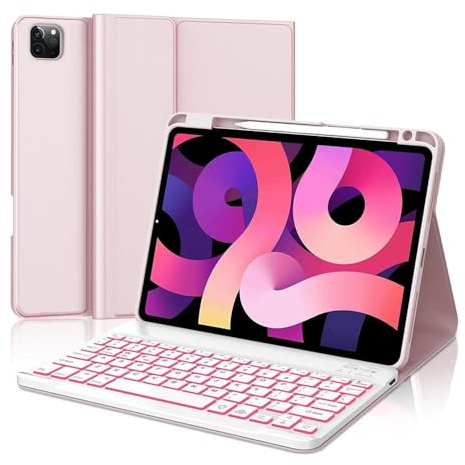 YSJX Abnehmbare Tastatur mit 7-Farben-Hintergrundbeleuchtung, Klapphülle aus Leder mit Standfunktion, kompatibel mit iPad Pro 12,9 Zoll 2022/2021/2020(Pink+Keyboard)