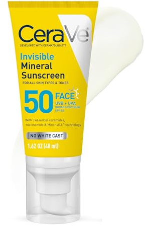 CeraVe Invisible Mineral Sunscreen SPF 50, Face Sunscreen for Sensitive Skin With Zinc Oxide & Titanium Dioxide, Vitamin E + Niacinamide + Ceramides, Oil Free, Travel Size 1.62 oz