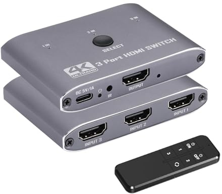 HDMI Switch 4K@60Hz, 3 Port HDMI Switch 3 in 1 Out mit IR-Fernbedienung, unterstützt 4K, 3D, 1080P, HDMI 2.0, HDCP 2.2, Ultra HD für HDTV, PS4/5, Spielekonsolen usw