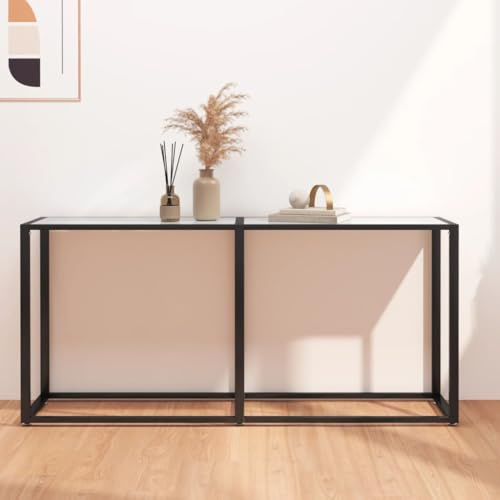Zeehear Table console blanche aspect marbre 160 x 35 x 75,5 cm, verre trempé et acier revêtu par pulvérisation, élégante table d'appoint pour salon, couloir et chambre à coucher