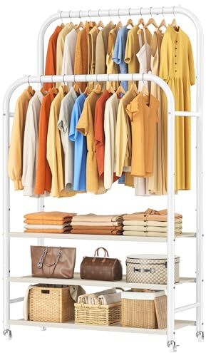 HOMIDEC Double Clothes Rail with 3-Tier Detachable Fabric Shelves & Wheels | Heavy Duty Clothing Rail, Compact Clothes Rack for Bedroom, Shelves for Shoes/Bags, Holds up to 80 kg, 74x39.5x170cm, White
