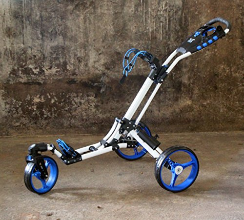 Golftrolley Yorrx® SL Pro 7 HAMMA Plus, Golfwagen mit innovativem 360° Spin Vorderrad (frei 360° gelagert), inkl. Regenschirmhalter & Tees (blau/weiß)
