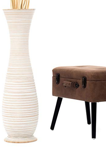 Leewadee Große Deko Bodenvase Für Dekozweige, Hohe Standvase Für Pampasgras, Design Holzvase, 90 cm, White Wash