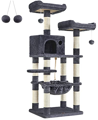 Feandrea Kratzbaum, 143 cm hoch, Katzenbaum mit 11 Kratzsäulen, 2 Plattformen, 1 Katzenhöhle, 1 Hängematte, 2 Plüschbällen, Plüsch, mehrstöckiges Design, rauchgrau PCT15GYZ