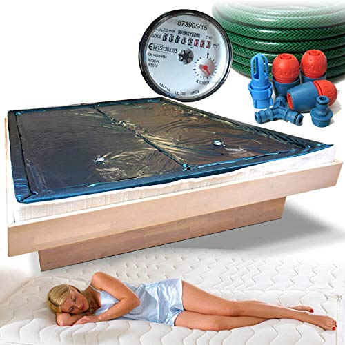 Traumreiter 2X Wasserbettmatratze für Wasserbetten + Sicherheitswanne + Schlauch + Wasserzähler für richtige Wasserbett Füllmenge I Wasserkern Wasserbett Matratze