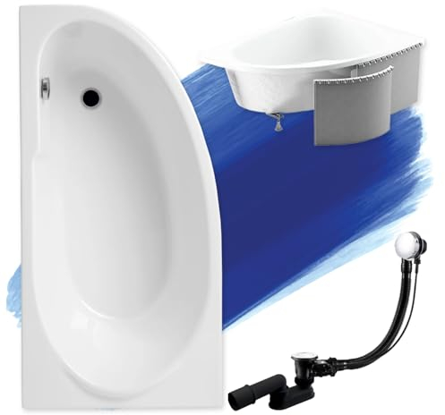BADLAND Badewanne Original Weiß Acryl Wanne Eckbadewanne MIKI 140x70 Links KOMPLETTSET SET mit Premium Styroporverkleidung + Füßen und Exklusive Chrom Automatik Ablaufgarnitur Made in EU 4in1