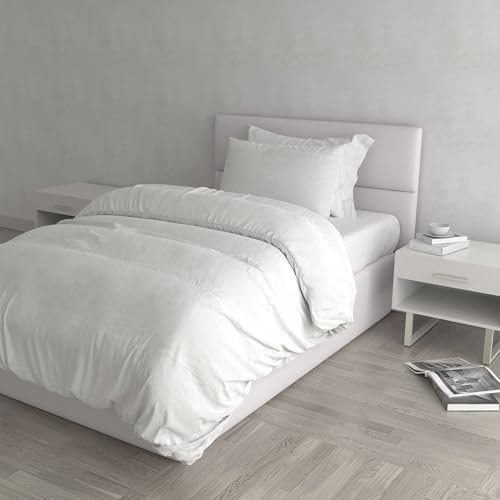 Set Copripiumino 100% Cotone Natural Color, Made in Italy - Parure Copri Piumino - Sacco Piumone 150x200 cm con Doppia Patella e Federa Cuscino, Singolo, Bianco/Bianco