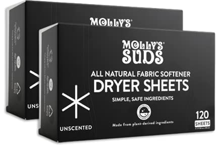 Molly's Suds Weichspüler-Trocknerblätter für empfindliche Haut, pflanzlicher statischer Reduzierer, plastikfreie Verpackung, 2 Stück, geruchlos (insgesamt 240 Blatt)