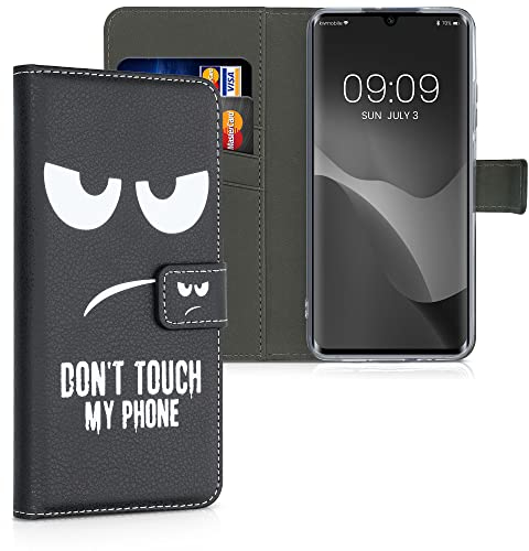 kwmobile Wallet Case kompatibel mit Xiaomi Mi Note 10 / Note 10 Pro Hülle - Cover mit Ständer und Kartenfächern - Don't Touch My Phone Weiß Schwarz