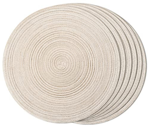 FunWheat Set di 6 tovagliette rotonde intrecciate, facili da pulire, per tavoli da pranzo, in tessuto, resistenti al calore, lavabili, 38,1 cm (beige)